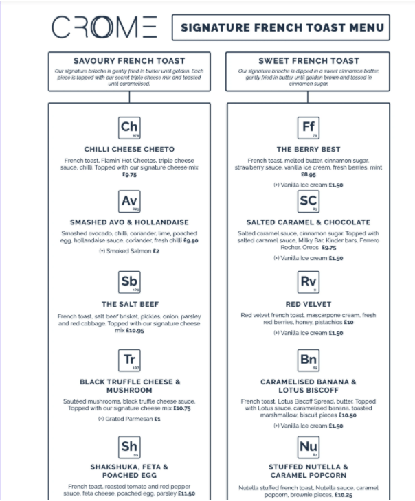 Crome French Toast Menu