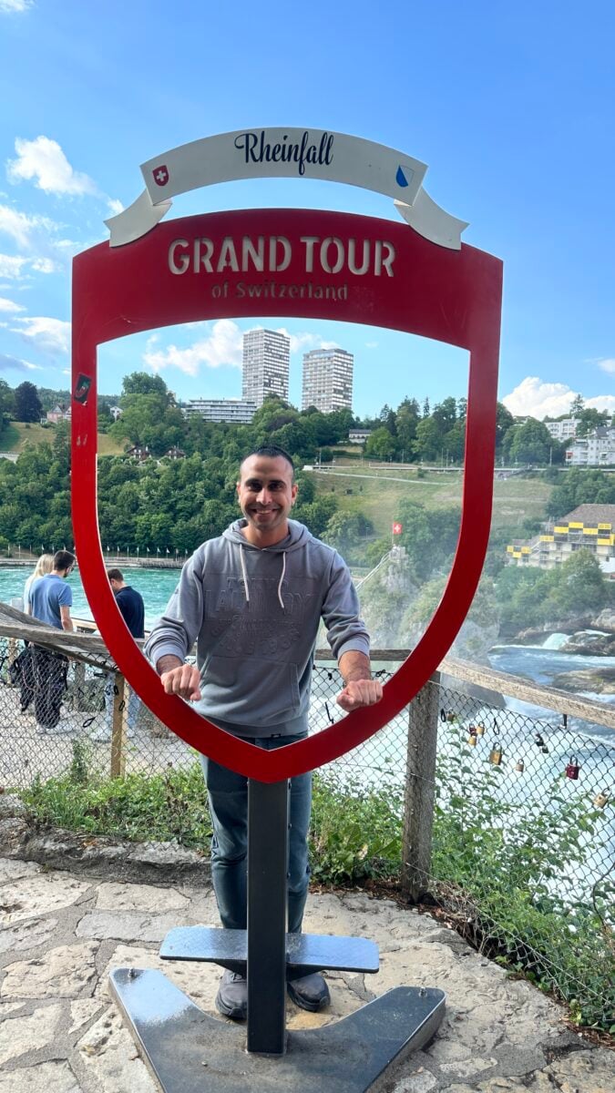Adil Musa pictured at the Grand Tour Rhine Falls photo frame in Switzerland.